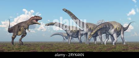 Panoramic view with the dinosaurs Mapusaurus and Argentinosaurus Stock Photo