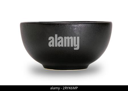 Empty single black ceramic bowl isolated on white background. Stock Photo