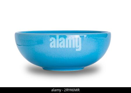 Empty single blue ceramic bowl isolated on white background. Stock Photo