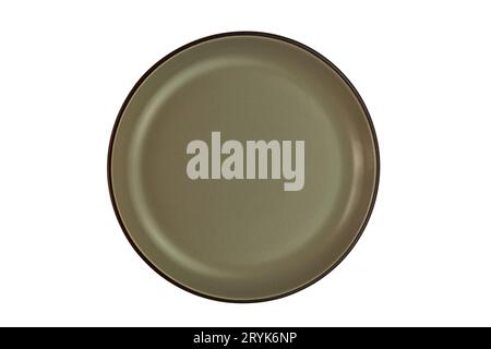 Empty single dark brown ceramic plate with dark edge isolated on white background. Stock Photo