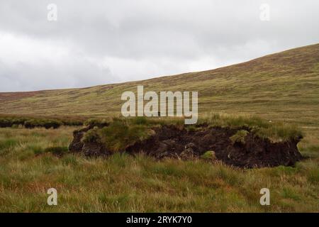 Last remnant of an excavated peat layer in moorland in the Comeragh mountains, Ireland Stock Photo