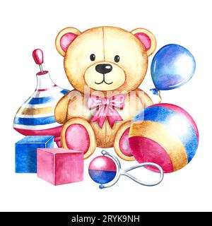 Children's toys are a ball, a spinning top, cubes and a teddy bear. Handmade watercolor illustration. For the design of children's books, postcards an Stock Photo