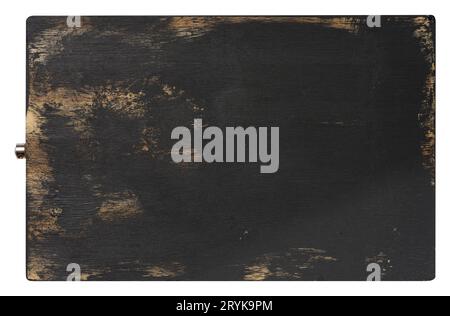 Empty black rectangular wooden oak kitchen cutting board. White background, top view Stock Photo