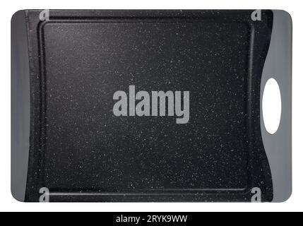 Empty black plastic cutting board for fish and meat on a white isolated background Stock Photo