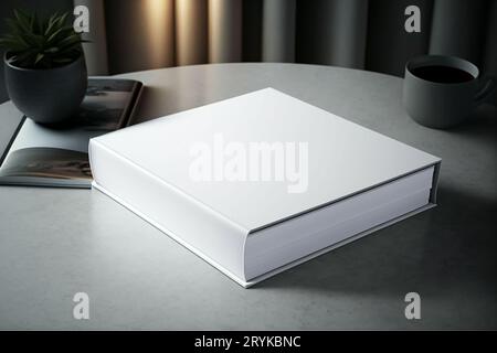 Book cover blank white vertical design template on a table,  room interior Stock Photo