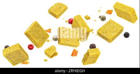 Bouillon cubes isolated on white background, chicken broth concentrate Stock Photo