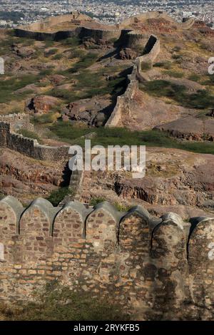 View of the Mehrangarh Fort wall on the valley Stock Photo