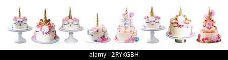 Set of beautiful birthday unicorn cakes with golden horns, eyelashes and cream cheese frosting isolated on white background, png Stock Photo