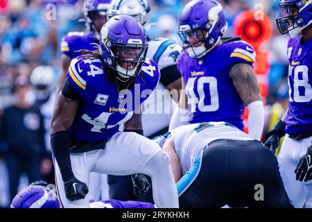 Charlotte, NC, USA. 1st Oct, 2023. Minnesota Vikings safety Josh Metellus (44) celebrates a tackle for loss against the Carolina Panthers in third quarter of the NFL matchup in Charlotte, NC. (Scott Kinser/Cal Sport Media). Credit: csm/Alamy Live News Credit: Cal Sport Media/Alamy Live News Stock Photo