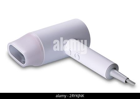 New single compact white hair dryer and nozzle isolated on white background. Stock Photo