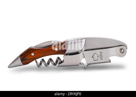 Folding multifunction sommelier knife with wine bottle opener corkscrew, sharp blade knife and wooden handle isolatend on white Stock Photo