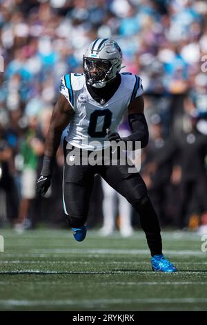 Carolina Panthers linebacker Brian Burns (0) wears a Spida face shield  prior to an NFL preseason football game against the Detroit Lions, Friday,  Aug. 25, 2023, in Charlotte, N.C. (AP Photo/Brian Westerholt