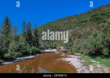 Sava bohinjka river close to wooden most na rju at Kamnje on the upper part of the stream in summer heat. Stock Photo