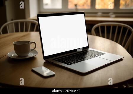 Laptop computer with opened lid on table in home office workspace Stock Photo
