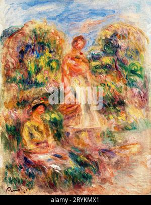 Standing Woman and Seated Woman in a Landscape by Pierre-Auguste Renoir. Stock Photo