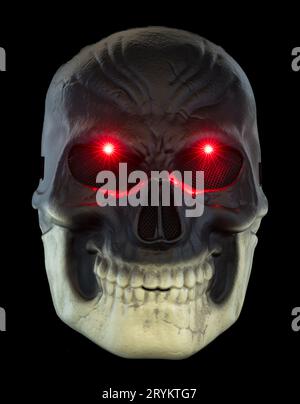Light-up Dark Skeleton Mask with Red Glowing Eyes Isolated on Black Stock Photo