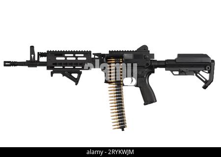 Carbine with belt-fed upper receiver that convert AR-15 or M16 from a standard, magazine rifle to light machine gun. Isolated on a white background Stock Photo