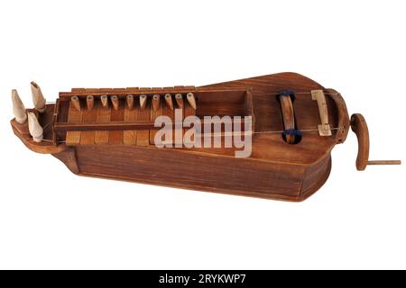 The Hurdy-gurdy, stringed musical instrument. Isolated on white background. Stock Photo