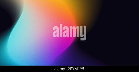 Vibrant color grainy gradient on dark background, orange blue pink purple blue black poster design abstract glowing light shape Stock Photo