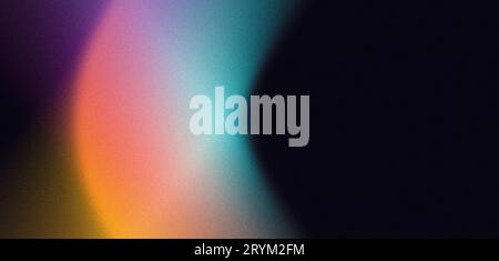 Grainy color gradient background orange purple blue yellow pink glowing abstract shape on black noise texture, copy space Stock Photo