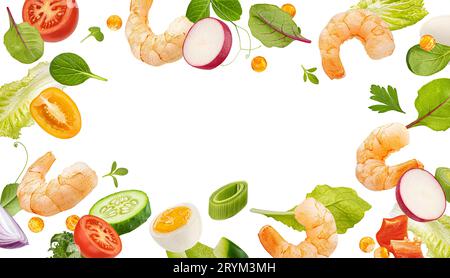 Falling shrimp salad ingredients isolated on white background Stock Photo