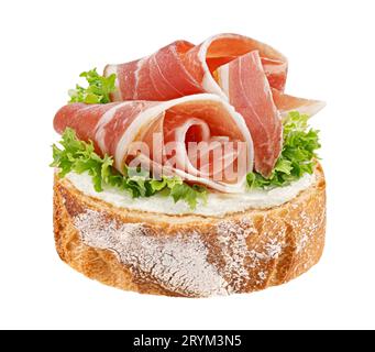 Baguette slice with smoked bacon rolls isolated on white background Stock Photo