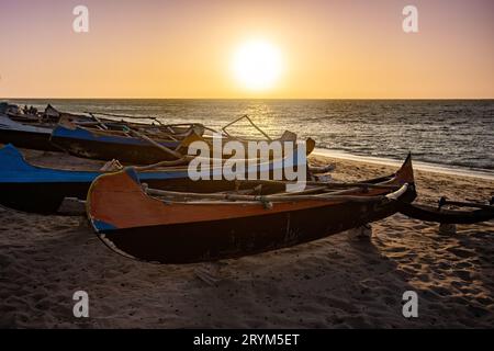 Empty wooden fishing boat on the shore of Anakao beach, waiting for the next catch of the day in Madagascar Stock Photo