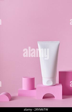 Beauty natural skincare product mock up. Cream tube on different geometric podiums. Body Skincare products presentation Stock Photo