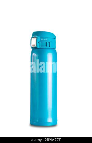 Blue glossy metal flask water bottle with cap isolated on white background. Stock Photo