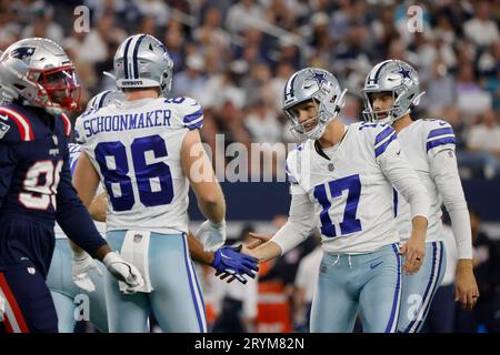 Arlington, United States. 26th Aug, 2023. Dallas Cowboys tight end Luke  Schoonmaker (86) celebrates a touchdown with another tight end Sean McKeon  (84) during a NFL preseason season game between the Las