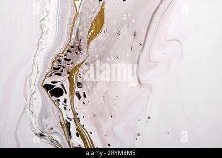 Acrylic Fluid Art. Gray and beige waves with liquid golden curve. Abstract marble stone background or texture, fake kintsugi tec Stock Photo