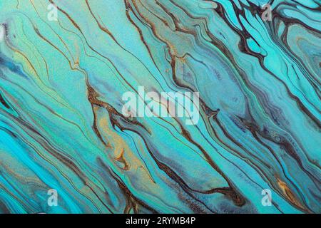 Diagonal mint green waves and gold particles. Fluid Art. Abstract marble background or texture Stock Photo