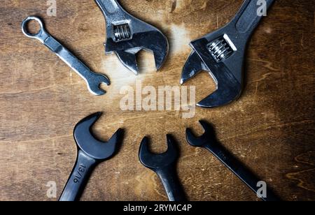 Tools on wooden workbench Stock Photo
