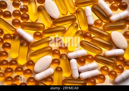 Background of tablets. Mainly vitamins and dietary supplements. Stock Photo