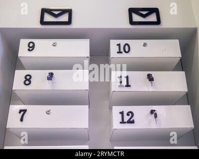 Boxes in the post office. Mini safe with key. Secure storage concept Numbered boxes .Personal mailbox Stock Photo