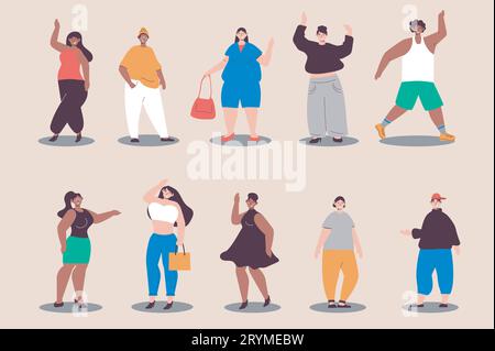 Body positive woman. Plus size female character. Attractive curvy,  overweight girl. Oversize obesity, pretty large lady in beautiful  fashionable clothes. Vector illustration. 17204555 Vector Art at Vecteezy