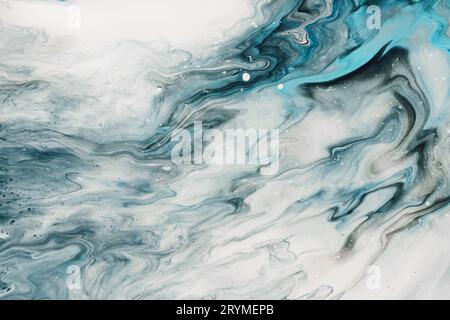 Fluid Art. Liquid transparent white and blue abstract paint drips and wave. Marble effect background or texture Stock Photo
