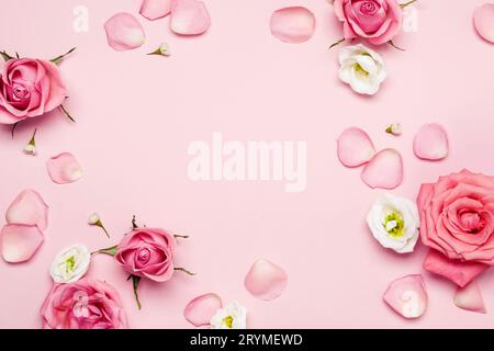 Flower roses frame and petals on pink pastel background. Floral monochrome  backdrop for your design Stock Photo - Alamy