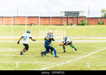 Camacari, Bahia, Brazil - September 30, 2023: American football players at the Armando Oliveira stadium in Camacari, Bahia. Stock Photo