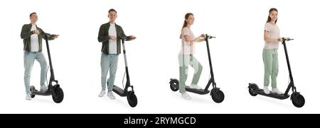 Man and woman with electric kick scooter isolated on white. Set of photos Stock Photo