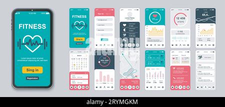 Fitness concept screens set for mobile app template. People doing different  sports and workouts at home and in gym. UI, UX, GUI user interface kit for  smartphone application layouts. Vector design Stock