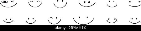 Collection of cartoon faces expressions like happy and funny. doodle style eyes and mouths, kids products. Icons smiley faces. Flat vector illustratio Stock Vector