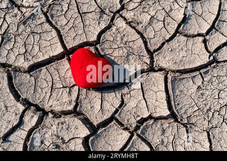 Red heart on soil drought cracked texture Stock Photo
