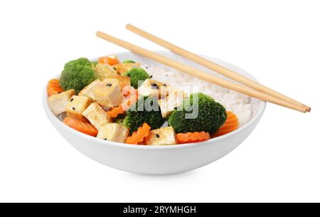 Bowl of rice with fried tofu, broccoli and carrots isolated on white Stock Photo