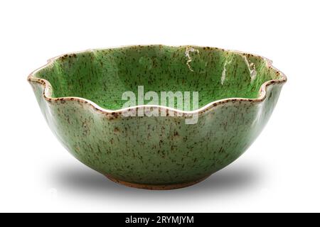 Side view of empty curved edge round green ceramic bowl isolated on white background. Stock Photo