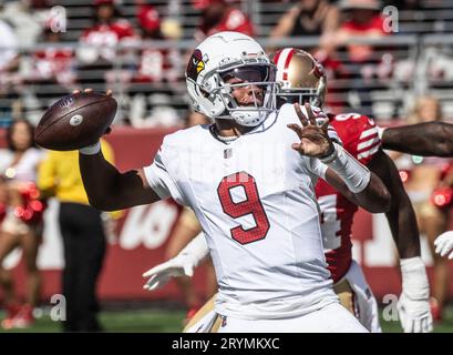 Santa Clara, United States. 01st Oct, 2023. Arizona Cardinals quarterback Joshua Dobbs (9) hrows against the San Francisco 49ers at Levi's Stadium in Santa Clara, California on Sunday, October 1, 2023. The 49ers defreated the Cardinals 35-16. Photo by Terry Schmitt/UPI Credit: UPI/Alamy Live News Stock Photo