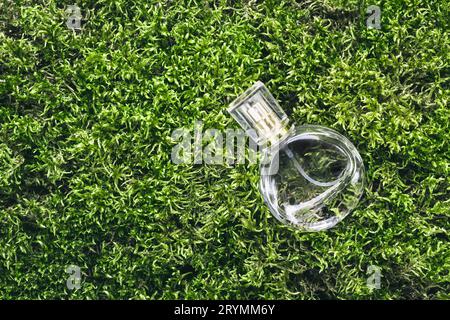 Perfume bottle on beautiful moss background. Nature fragrance beauty concept Stock Photo