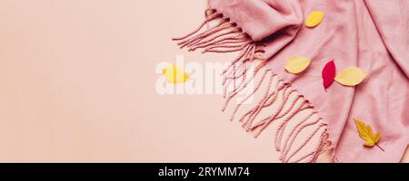 Pink cozy scarf with tassels and scattered leaves on pastel banner Stock Photo