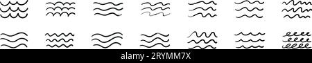Sea wave pattern with simple water lines and brush strokes. icons of ocean waves, rivers, and beach elements. Flat vector illustration isolated on whi Stock Vector