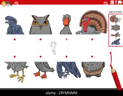 Cartoon illustration of educational game of matching halves of pictures with birds animal characters Stock Photo